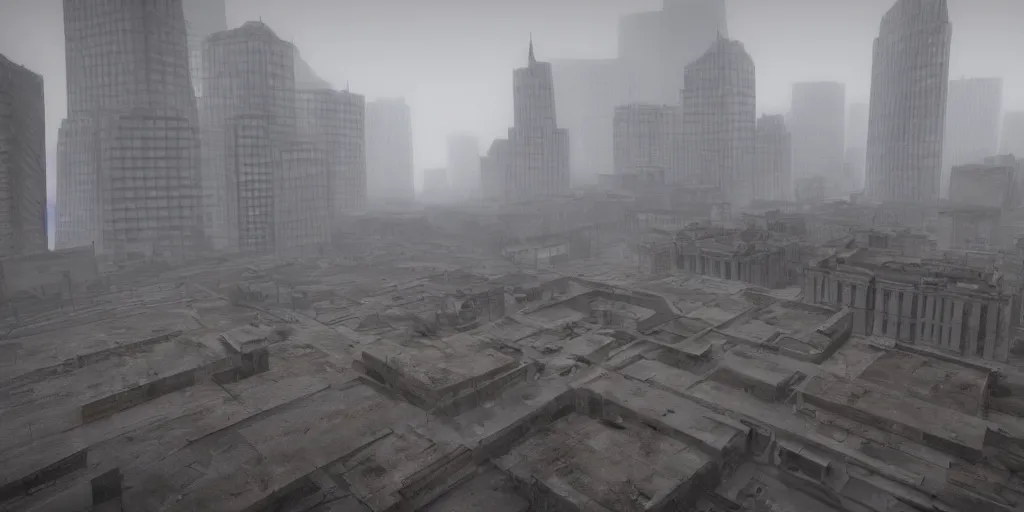 Image similar to wide - angle view of a deserted city with brutalism architecture and stone buildings with overcast and foggy weather. detailed, ultra - realistic, 4 k.