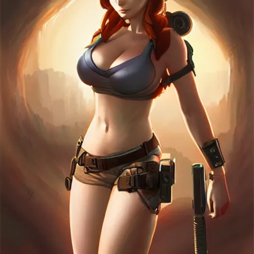 Image similar to concept art illustration of christina hendricks as lara croft anime protagonist, art by artgerm and rosstran