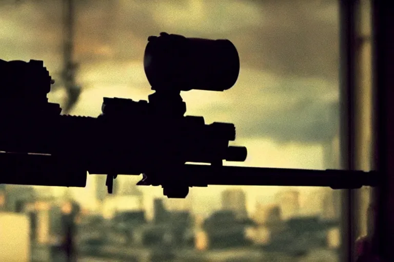 Prompt: film still of closeup futuristic sniper rifle sticking out window, cinematic, moody, gritty neon noir by emmanuel lubezki