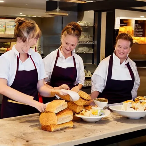 Prompt: a group of beavers working at panera bread, wearing aprons