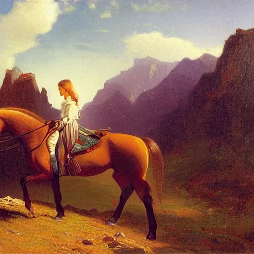 Image similar to female knight on horse, valley with mountains, by albert bierstadt