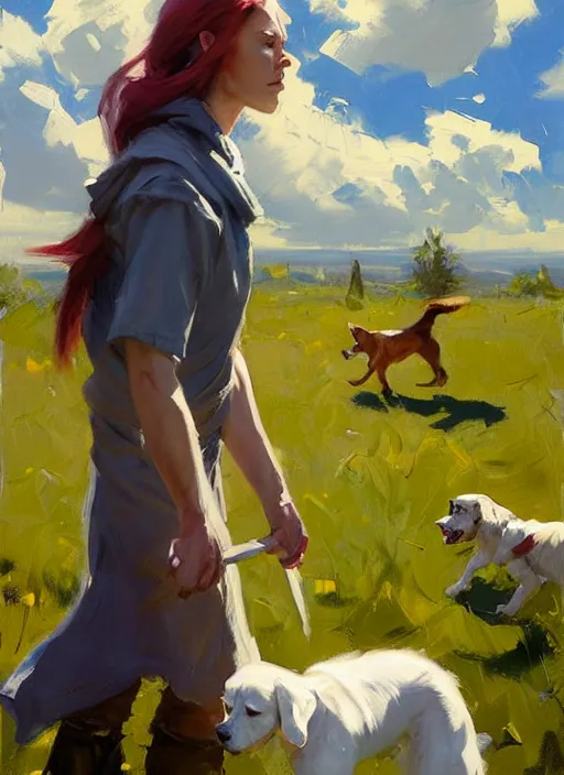 Image similar to Greg Manchess painting of Zero Two in casual wear out playing with the dogs, countryside, fantasy character portrait, dynamic pose, above view, sunny day, thunder clouds in the sky, artwork by Jeremy Lipkin and Giuseppe Dangelico Pino and Michael Garmash and Rob Rey, very coherent asymmetrical artwork, sharp edges, perfect face, simple form, wacky, 100mm