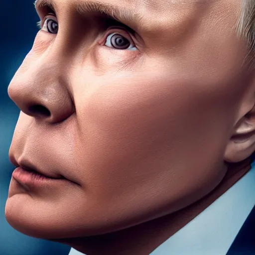 Prompt: a realistic 85 mm portrait of Vladimir Putin with girl makeup on his face, hyperrealistic, cinematic,