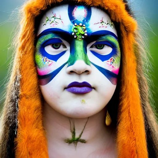 Prompt: minimalist photography portrait of aloy, an elaborately adorned female shaman warrior, face paint, symmetrical, super close up, mid thirties, cute round green slanted eyes, porcelain skin, wide nostrils, chubby cheeks, high flat eyebrows, ethereal essence, angelic, leica 1 0 0 mm f 0. 8