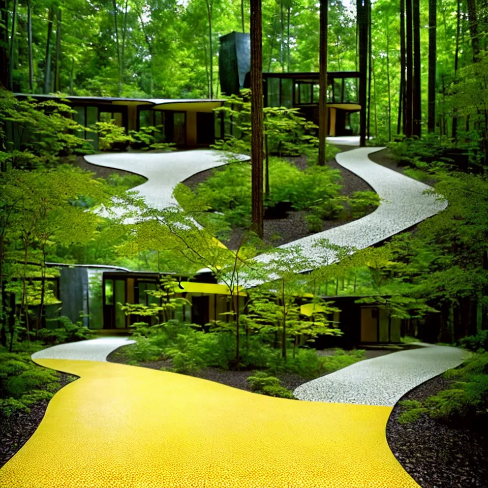 Image similar to a gravel pathway leading to a mid-century modern house in a forest, designed by Frank Gehry. Big tiles. Film grain, cinematic, yellow hue