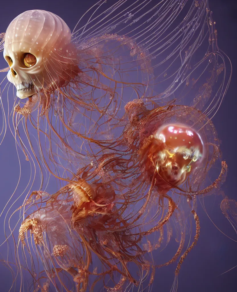 Image similar to close-up portrait of the face of a beautiful princess in a twisted flowers jellyfish mask surrounded by energy flow, epic angle and pose, symmetrical artwork, 3d with depth of field, blurred background, floating jellyfish skull phoenix bird, translucent, nautilus, energy flows of water and fire. a highly detailed epic cinematic concept art CG render. made in Maya, Blender and Photoshop, octane render, excellent composition, cinematic dystopian brutalist atmosphere, dynamic dramatic cinematic lighting, aesthetic, very inspirational, arthouse. y Greg Rutkowski, Ilya Kuvshinov, WLOP, Stanley Artgerm Lau, Ruan Jia and Fenghua Zhong