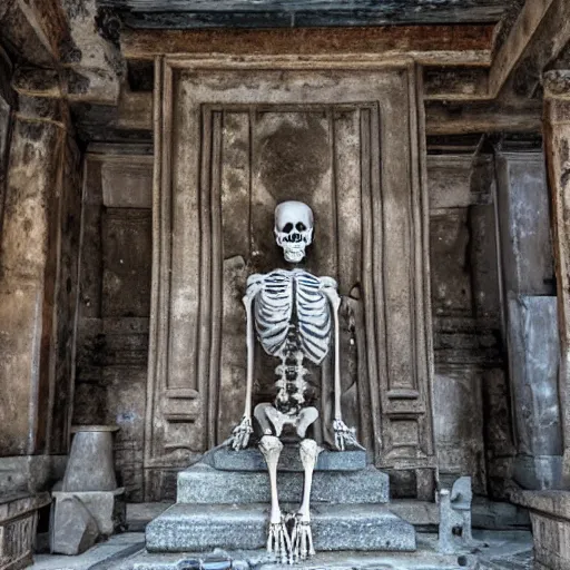 Image similar to ancient skeleton sits on a throne in an old temple with godrays, XF IQ4, 150MP, 50mm, f/1.4, ISO 200, 1/160s, natural light, Adobe Photoshop, Adobe Lightroom, DxO Photolab, Corel PaintShop Pro, rule of thirds, symmetrical balance, depth layering, polarizing filter, Sense of Depth, AI enhanced