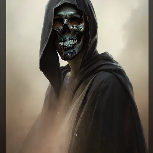 Prompt: a beautiful portrait of a short teenager necromancer with skull facepaint in black robes, sharp chin, by Greg Rutkowski and Raymond Swanland, Trending on Artstation, ultra realistic digital art