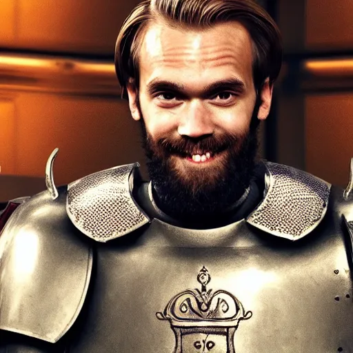 Image similar to PewDiePie in a knight's armor, photorealistic, shot on iphone, cinematic lighting,