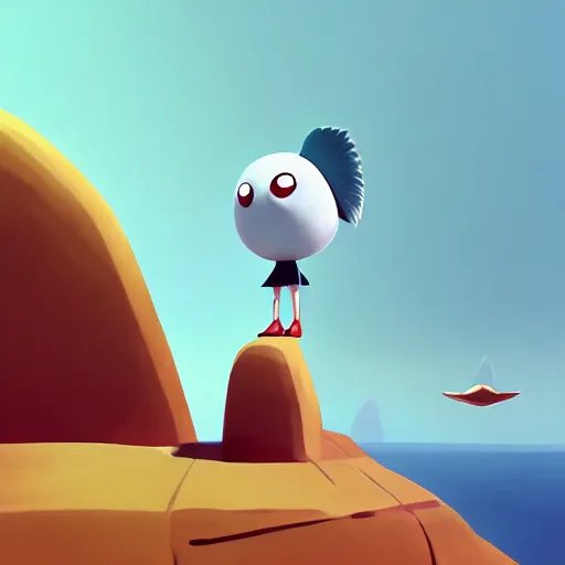 Image similar to goro fujita ilustration a milvus migrans on top of a large mountain overlooking the sea, round characters with two eyes, painting by goro fujita, sharp focus, highly detailed, artstation