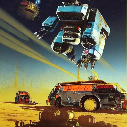 Prompt: giant robot attacks schoolbus, chris foss, john harris, beeple, wayne barlowe