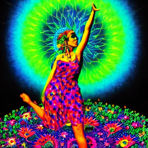 Image similar to the goddess of psychedelics dancing in a vortex made of flowers