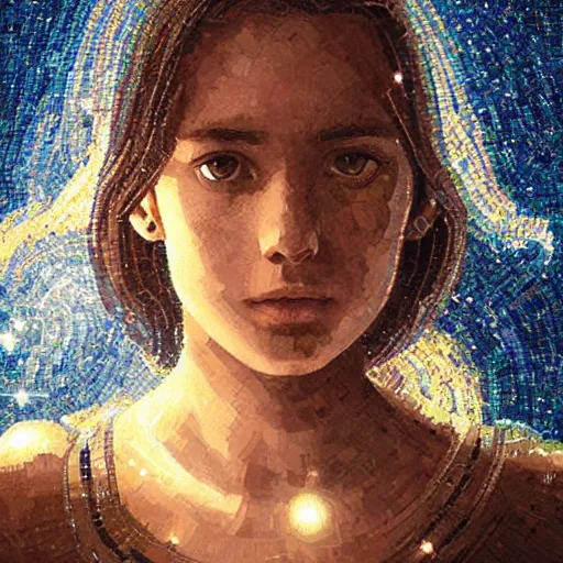 Prompt: mosaic portrait of a beautiful young girl in front of shining stars by greg rutkowski, 4k, intricate details, dichotomy