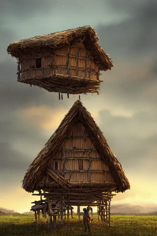 Image similar to an awesome twilight day concept art of old hut standing at giant hen's legs, by kengo kuma and wes anderson with village, mixed development, cgsociety, fantastic realism, artstation hq