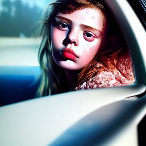 Image similar to beautiful hyperrealism hyperdetailed selfie of a cute young woman sitting in her car, flushed face, red blush, light freckles, puffy lips, soft features, 8 k, sharp focus, art by irakli nadar