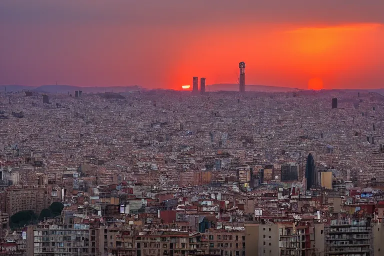 Image similar to views of catastrophic barcelona covered with water and refugees in buildings, global warming, sunset lighting, photo real