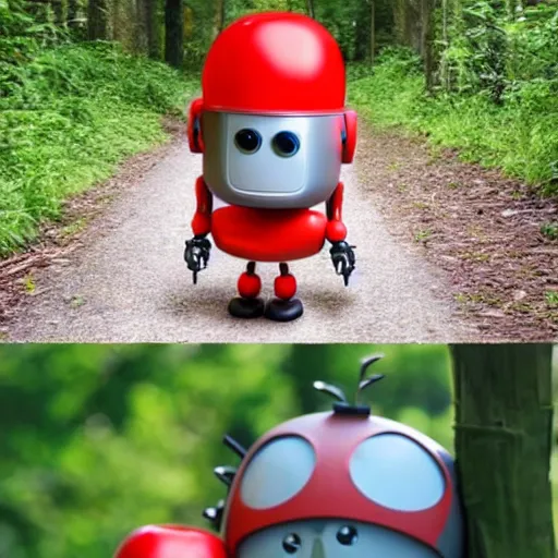 Prompt: cute robot wearing a tomato hat and a walking stick, trekking in a forest, pixar style