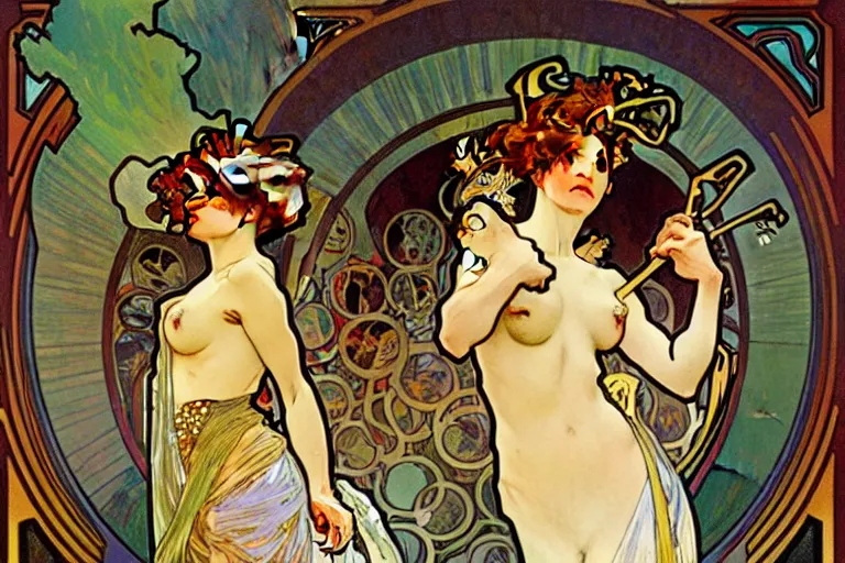 Prompt: Alphonse Mucha painting crowded figures