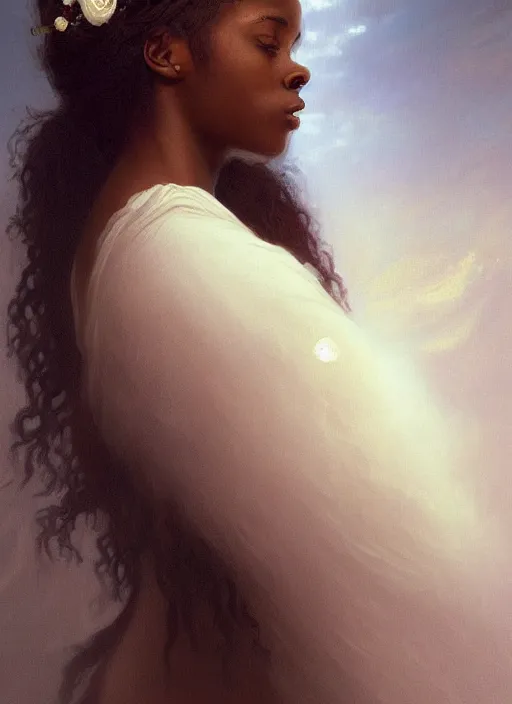 Image similar to oil painting close up portrait of a contemplative young black woman with long flowing hair in a white dress, wearing a crown of white roses!! at sunset, hazy, digital art, chiaroscuro, artstation, cinematic, golden hour, concept art, digital art painting by greg rutkowski, william - adolphe bouguereau, hazy atmosphere, cinematic lighting, flowers