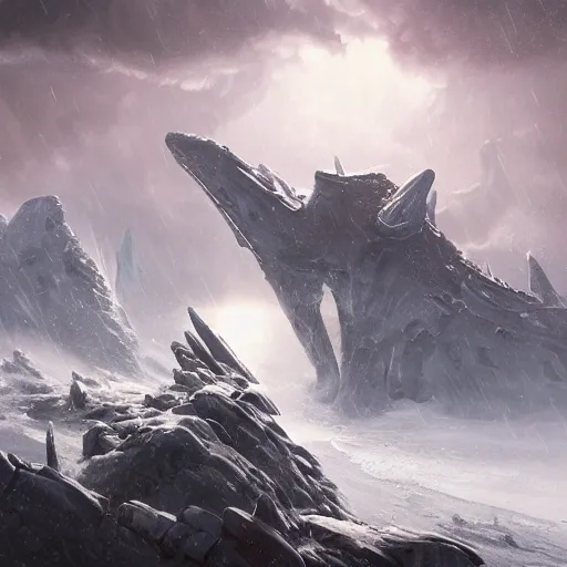 Image similar to an giant creature with long tongue attacking an starship in blizzardy mountains, Matte painting , detailed painting, greg rutkowski