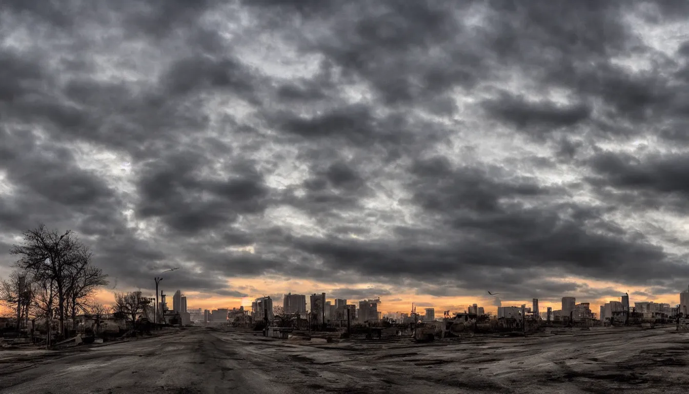 Prompt: A decaying high-tech city, sparse signs of human activity. Day break. Dramatic sky. 4K.