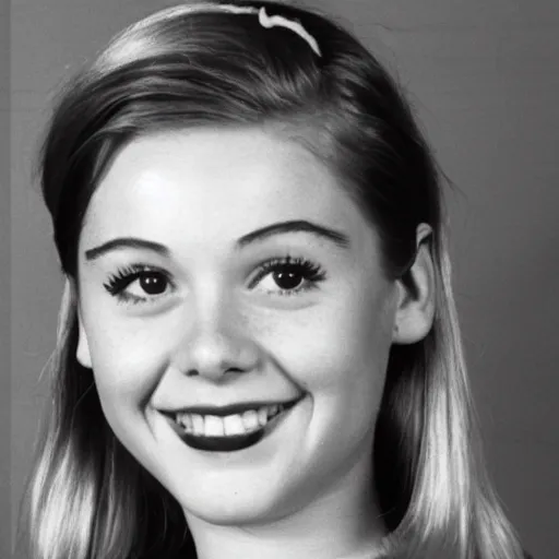 Prompt: a yearbook photo of Betty Cooper in 1966, she has a ponytail