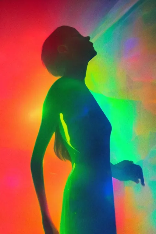 Image similar to human silhouette, large diffused colorful glowing aura, long exposure, film grain, cinematic lighting, maximum detail, art by janice sung