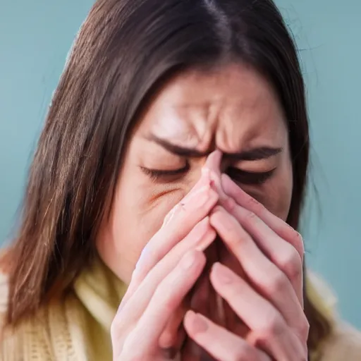 Image similar to 1 3 mm close up photo of a woman wiping away her tears with sandpaper, sharp focus