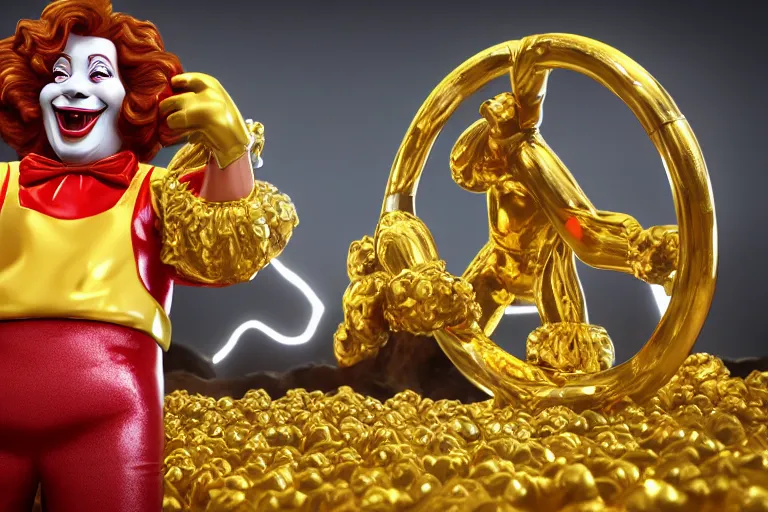 Image similar to a still of ronald mcdonald surrounded by gold and diamonds, award - winning, photograph, 3 d render, unreal engine, 4 k detailed