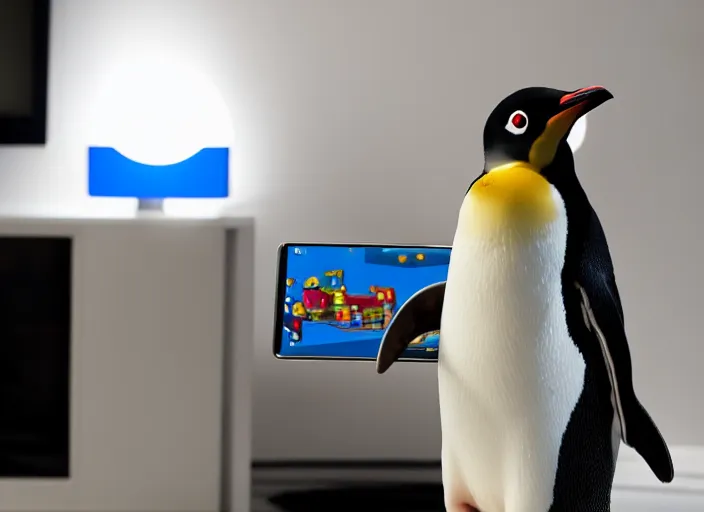 Prompt: photo still of a penguin playing a nintendo switch, 8 k, studio lighting bright ambient lighting key light, 8 5 mm f 1. 8