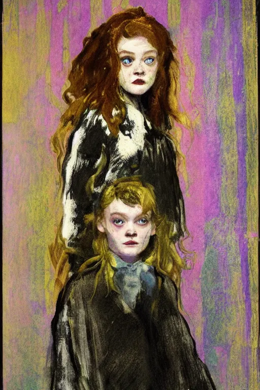 Prompt: portrait of sadie sink as delirium of the endless, the sandman by walter sickert, john singer sargent, and william open