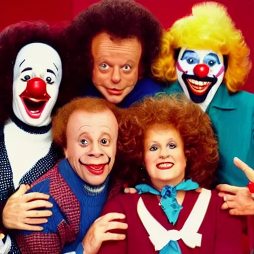 Image similar to vintage 1 9 8 0's sitcom publicity photo, a happy photogenic family and richard simmons as a clown inside a 1 9 8 0's sitcom living room, correct faces, symmetrical faces