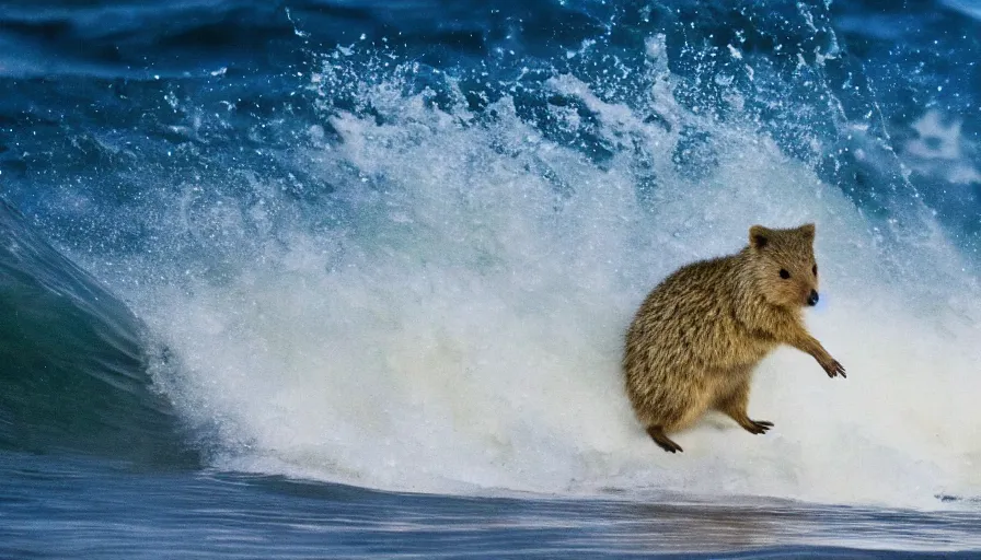 Prompt: a happy quokka surfing on an epic wave, cinematic lighting, 8k,