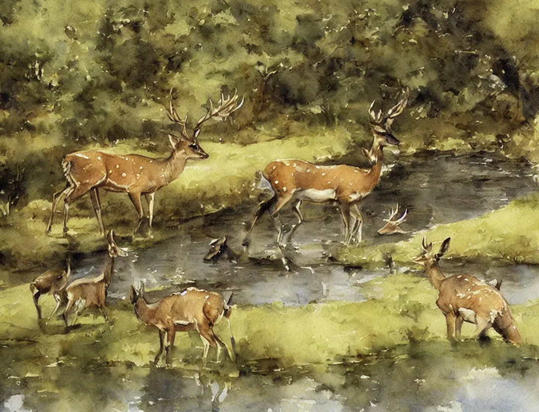 Prompt: watercolor sketch by anders zorn, deer drinking water by pond, nature art mockup