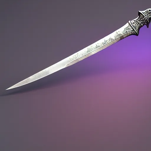 Prompt: european broad sword, narrow blade, vertical running runes on the blade, inscriptions on the blade, highly detailed, 4 k, 8 k, intrinsic design, light purple aura, cinematic lighting, dark grey tint metal, octane render, artstation