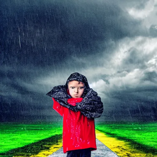 Image similar to dramatic picture of a kid on a colorful outfit standing backwards in the middle of a heavy rain surround by grey and grey clouds realistic photo taken with a good camera