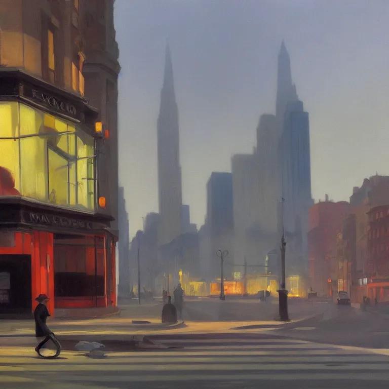 Image similar to streets filled with trash, city fog, early morning, , painted by Edward Hopper, painted by Wayne Barlow, airbrush