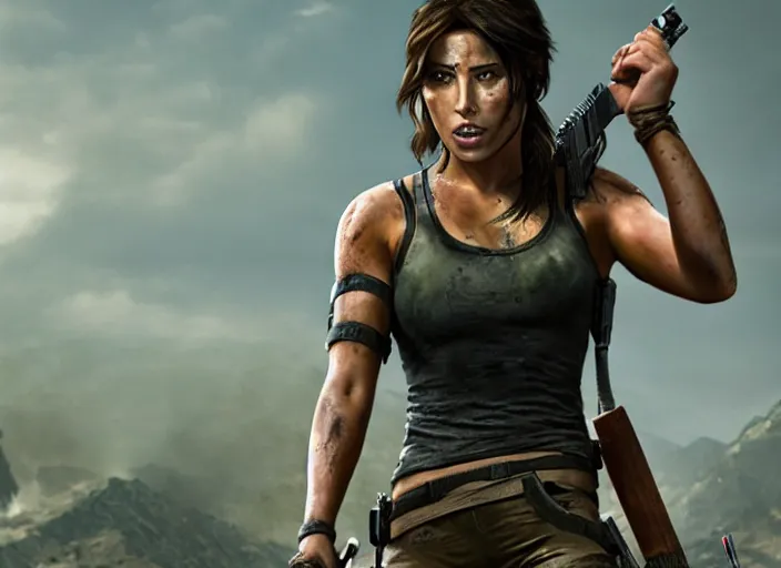 Image similar to film still of!!!! chloe bennett!!! as lara croft in new tomb raider movie, 8 k