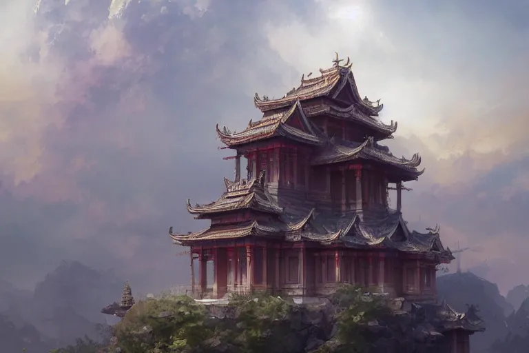 Image similar to a fantasy digital painting of a temple in the clouds, by Greg Rutkowski and James Gurney, trending on Artstation, highly detailed