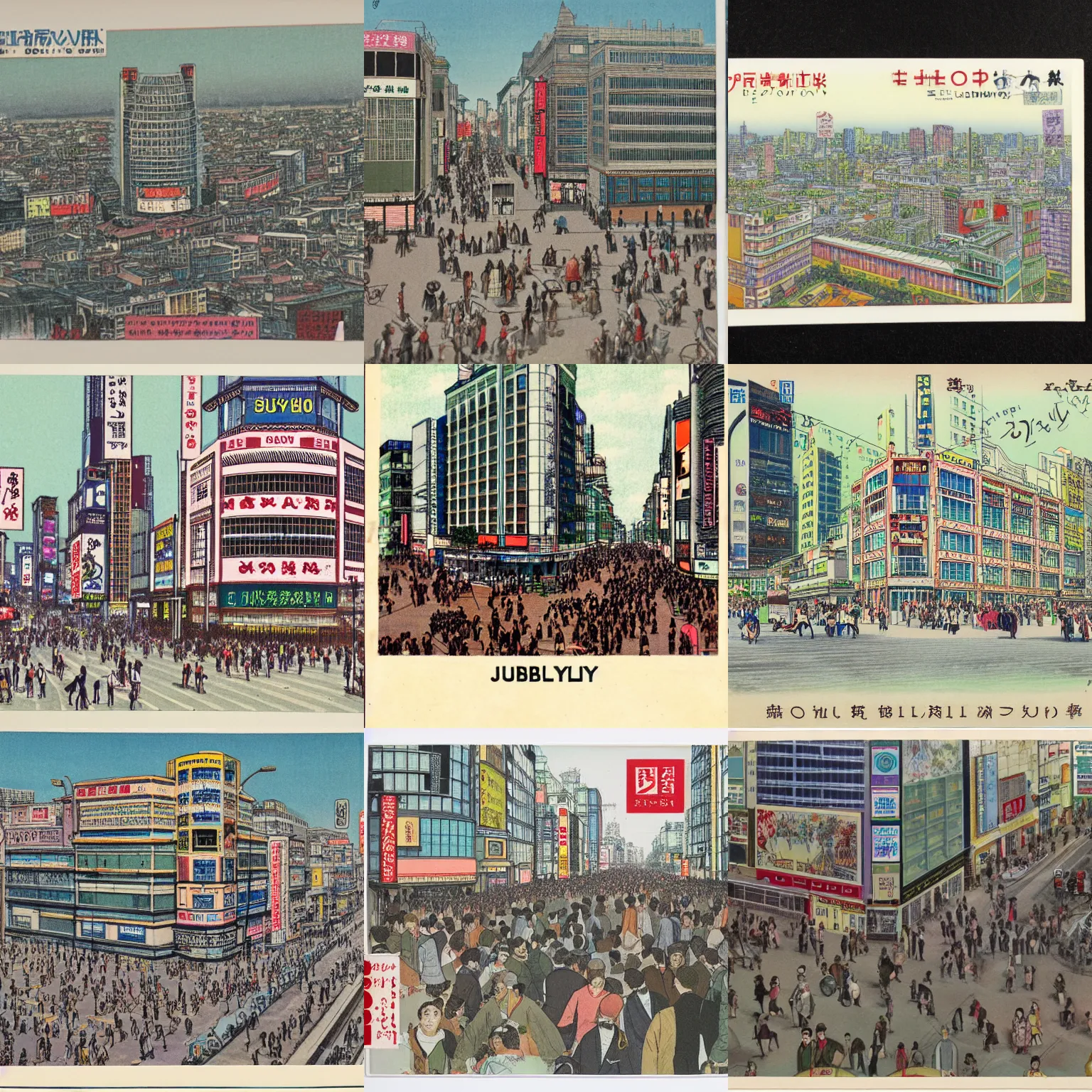 Prompt: detailed chromolithography of modern Shibuya on a postcard