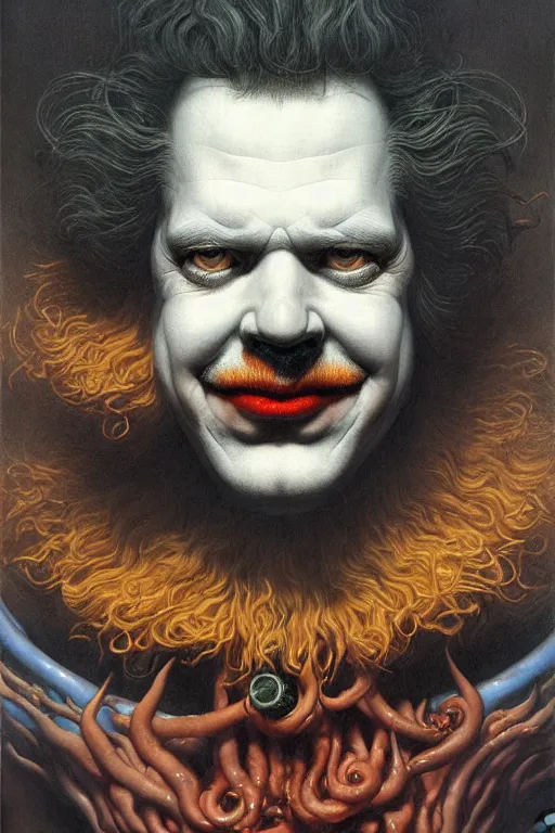 Image similar to portrait of ronald mcdonald in the style of wayne barlowe, gustav moreau, peter mohrbacher, bussiere, roberto ferri, santiago caruso, luis ricardo falero, austin osman spare