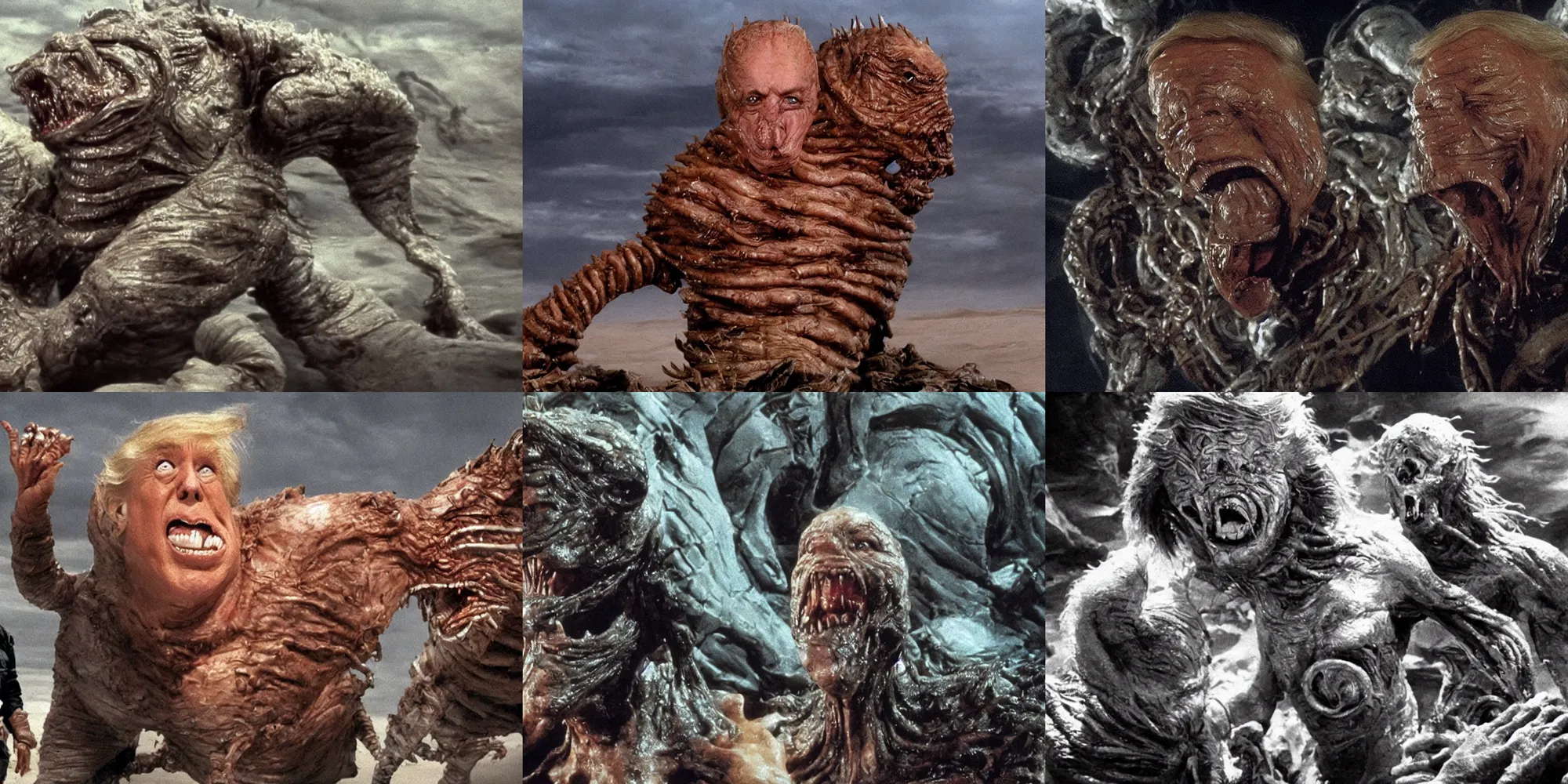 Prompt: cinematic movie still,!!!!!! donald trump face!!!!!!, ( ( ( ( dune sandworm with open jaw ) ) ) ), sweating, creature from john carpenter the thing, oozing bile, ( art direction by keith thompson and christopher lane )