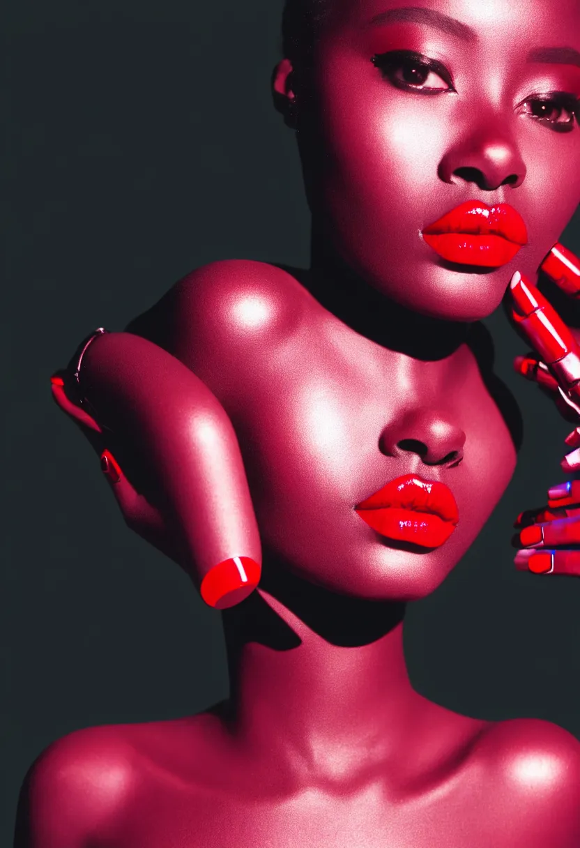 Prompt: medium shot, photograph of alluring dark skin female robot looking into camera, red lipstick, sharp focus,, chromatic abberations, as fashion editorial 90s