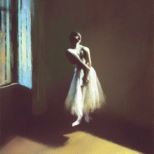 Image similar to portrait of a emotional dancer practicing alone, soft window light, long shadows, by craig mullins, edgar degas.