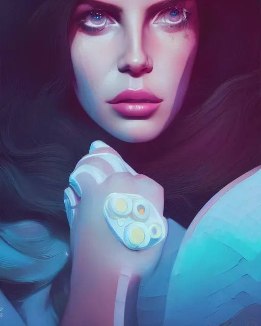 Image similar to portrait of lana del rey as a cyborg. intricate abstract. intricate artwork, by tooth wu, wlop, beeple, dan mumford. concept art, octane render, trending on artstation, greg rutkowski very coherent symmetrical artwork. cinematic, key art, hyper realism, high detail, octane render, 8 k, iridescent accents