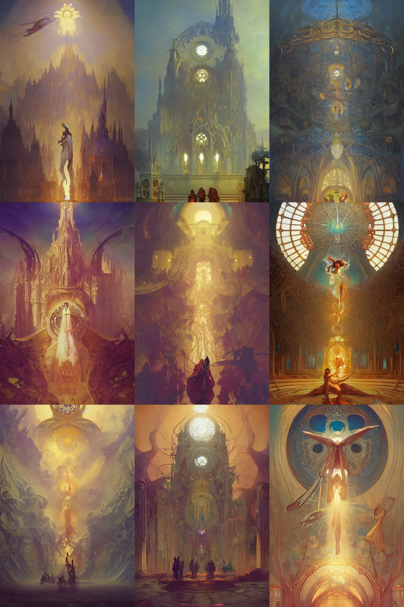 Prompt: church of sun, art nouveau architecture, fantasy, art by joseph leyendecker, peter mohrbacher, ivan aivazovsky, ruan jia, reza afshar, marc simonetti, alphonse mucha