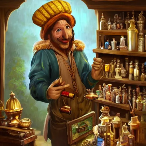 Image similar to Oil painting of Anthropomorphized parrot trader in his shop, shelves full, selling a gem, portrait, items, magic potions, carpet, window, fancy funny hat, sly expression , cunning expression, cute expression, presenting magic gem, D&D, fantasy, cinematic lighting, highly detailed, digital painting, artstation, concept art, smooth, sharp focus, illustration, warm light, cozy warm tint, magic the gathering artwork, volumetric lighting, 8k, no gold, no gold colours, art by Akihiko Yoshida and Greg Rutkowski