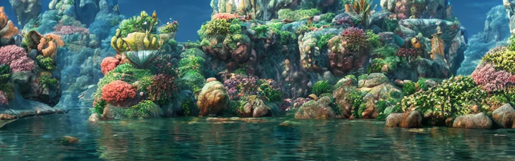 Image similar to a ultra realistic cg rendering of underwater wonderland, dream, magnificent palace, serene landscape, by yoshitaka amano ， unreal engine ， 4 k resolution,