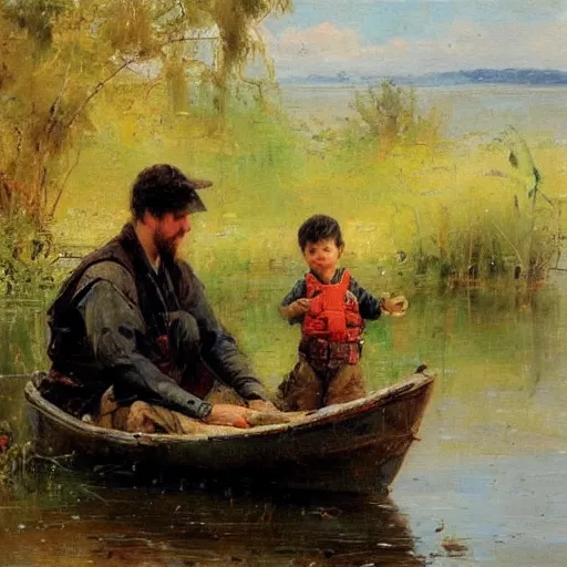 Image similar to painting of dad and son thinking together in boot on a calm lake, by pino daeni