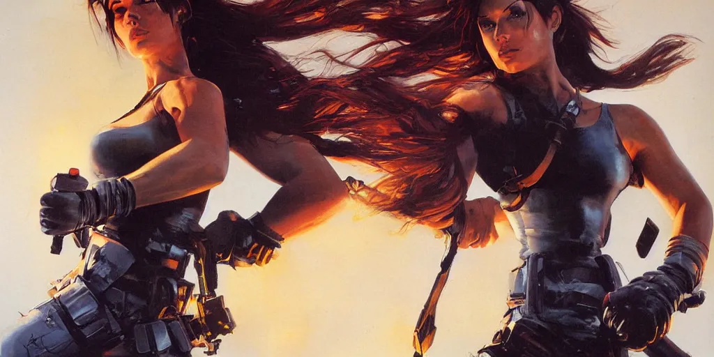 Prompt: an extremely aggressive android Lara Croft, glowing long hair, thunder clouds, painted by Peter Andrew Jones